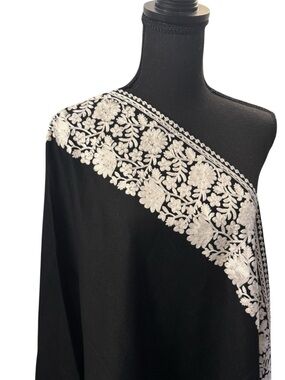 Embroidered Black Shawl with White Floral Border